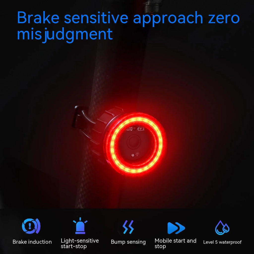 Black intelligent induction brake taillight for bicycles with aluminium alloy housing and seat tube bracket.