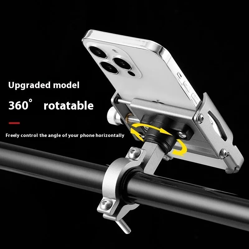 Aluminium alloy mobile phone holder mounted on bicycle handlebars showing black colour option