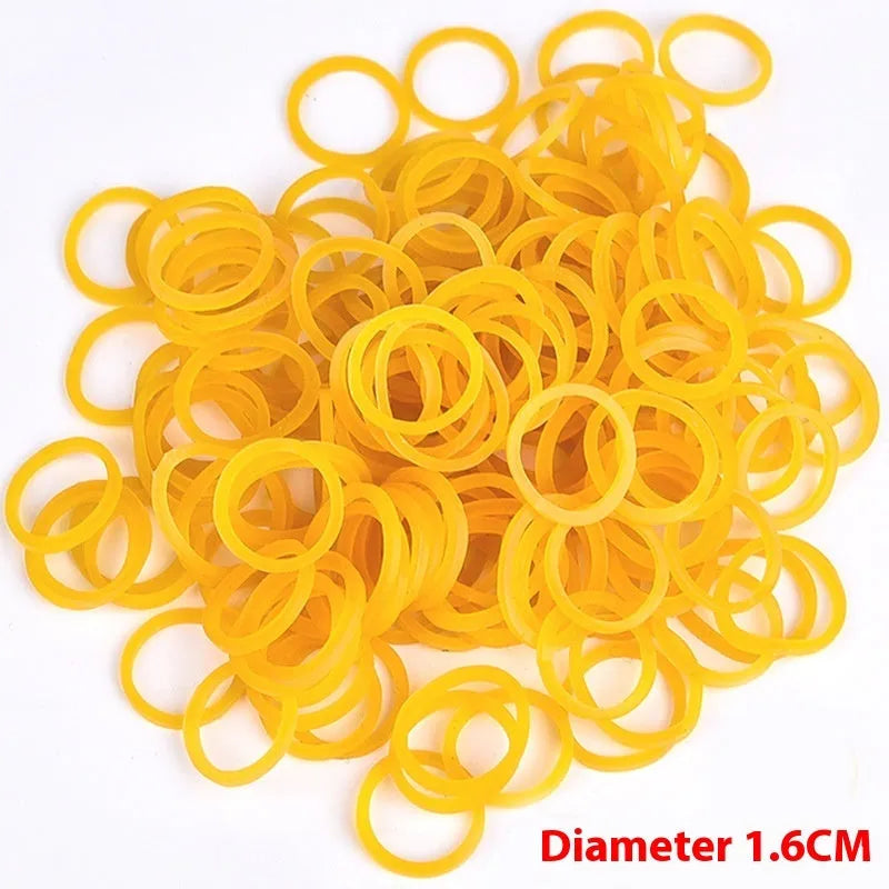 500g pack of yellow rubber bands showing multiple diameter sizes from 16mm to 70mm