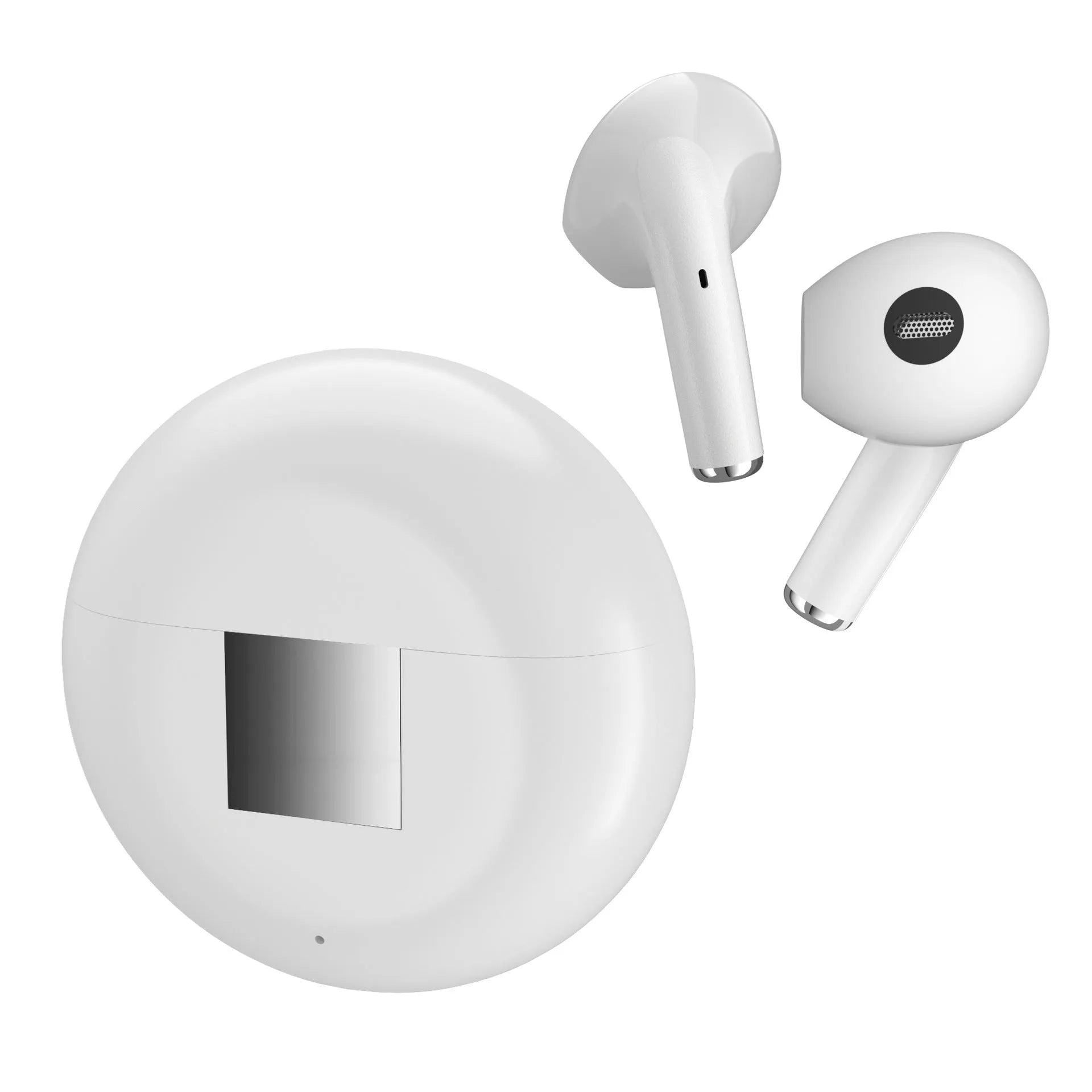 White Wireless Budz5 J6 Bluetooth earbuds with semi-in-ear design and charging case on a plain background.
