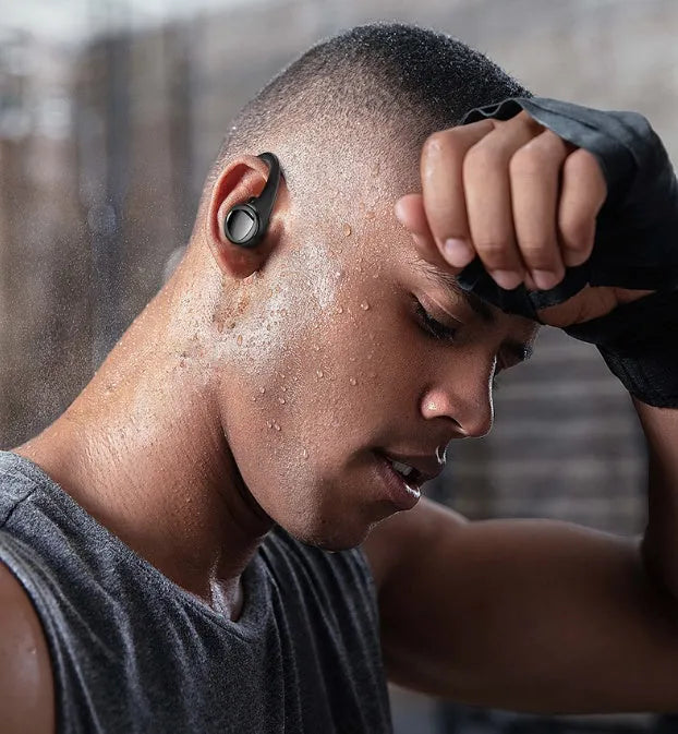 Black true wireless noise cancelling earbuds with charging case, suitable for sports and running.