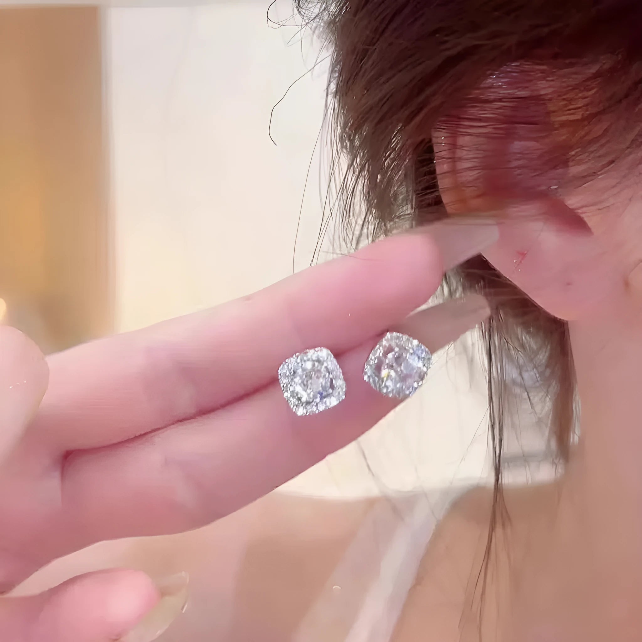 Square geometric diamond earrings for women in silver and gold colour options.