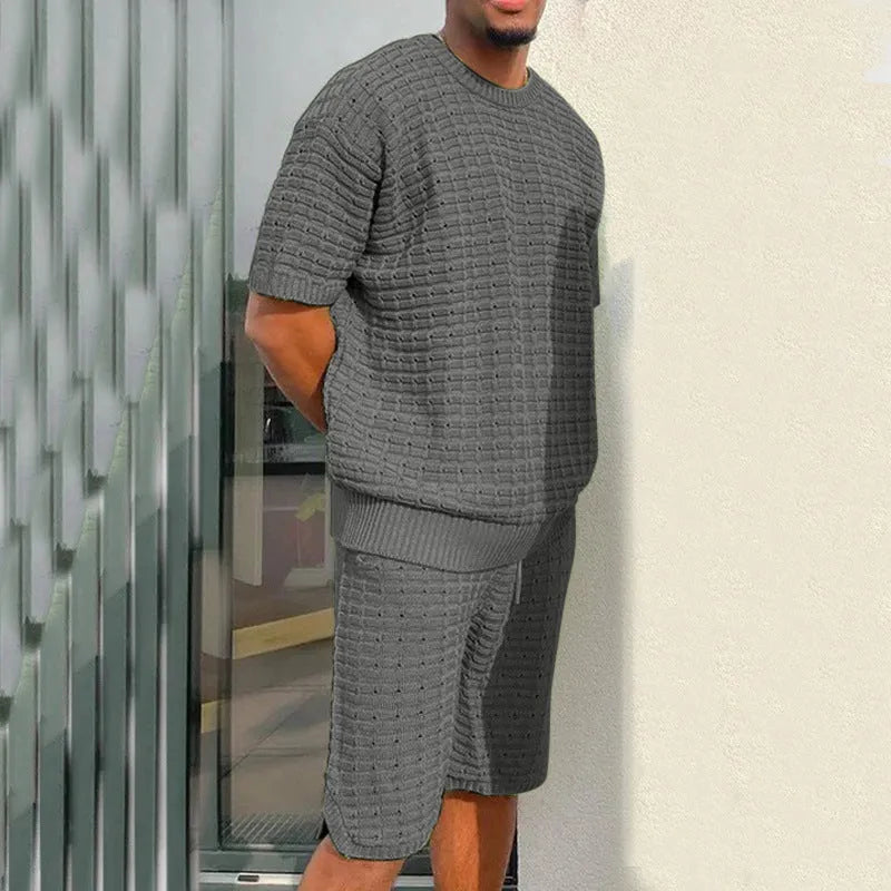 Men's summer suit two-piece outfit with loose fit shirt and shorts in polyester, multiple colours available