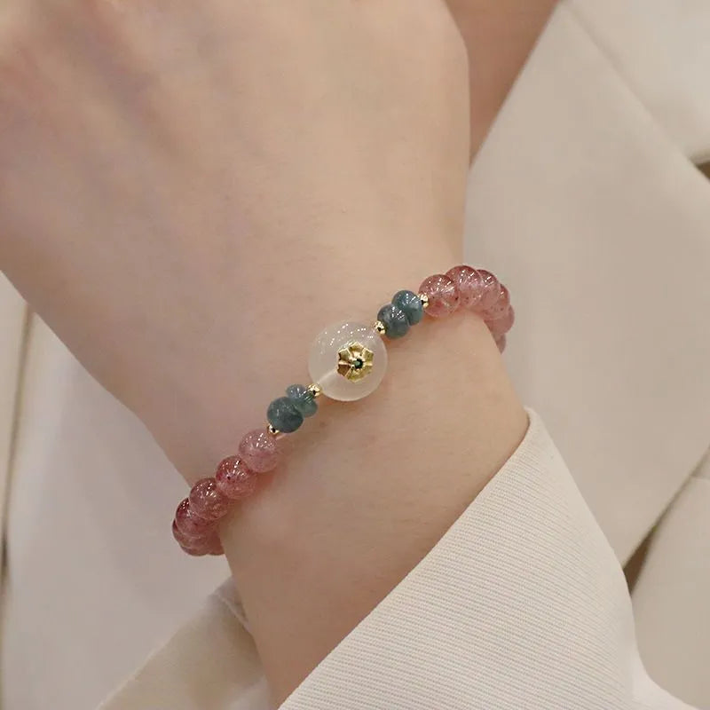 Women's strawberry quartz and blue water emerald bracelet with round jade pendant and geometric design