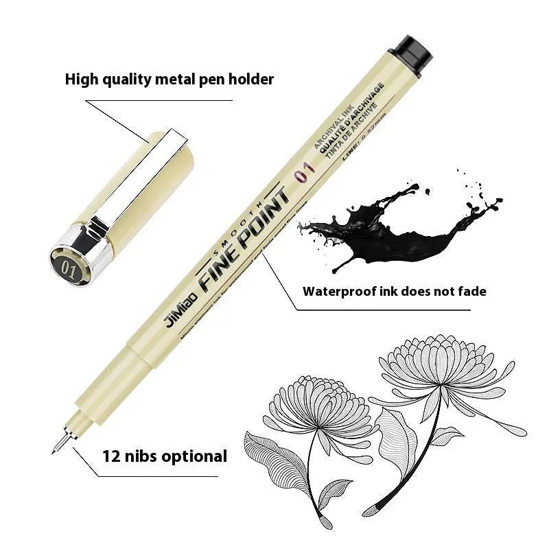 Waterproof cartoon design needle pen with black ink and 133mm plastic body for drawing.