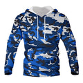 3D printed camouflage hooded hoodie in loose fit cotton blend, pullover style, front view