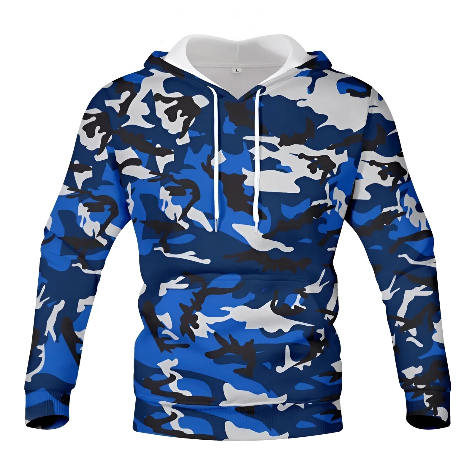 3D printed camouflage hooded hoodie in loose fit cotton blend, pullover style, front view