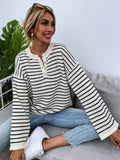 Black women's striped casual top with drop-shoulder sleeves and button details