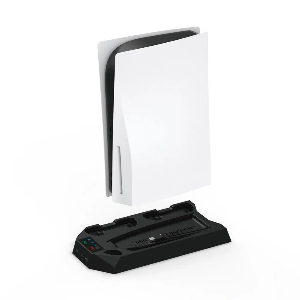 White PS5 charging base and radiator stand dock with headphone hook next to a PlayStation 5 console.