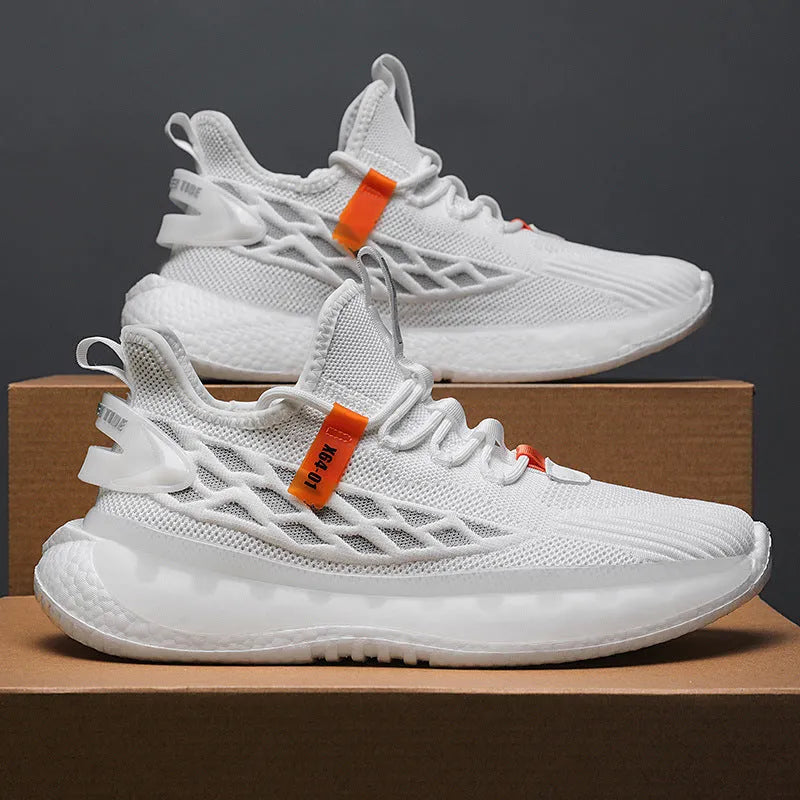 Men's white casual mesh sneakers with round toe and flat rubber sole showing side profile
