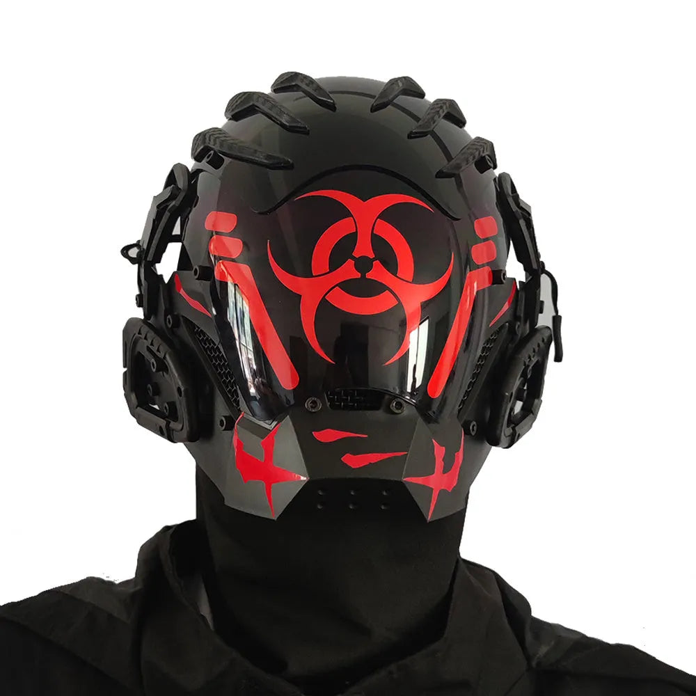 Black full-face plastic prop mask with a cyberpunk bioweapon design on a mannequin head.