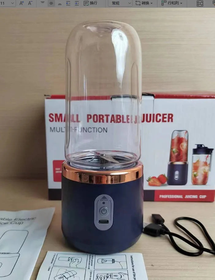 Portable dark blue blender and juicer with six blades, USB charging cable, and 400ml plastic cup.