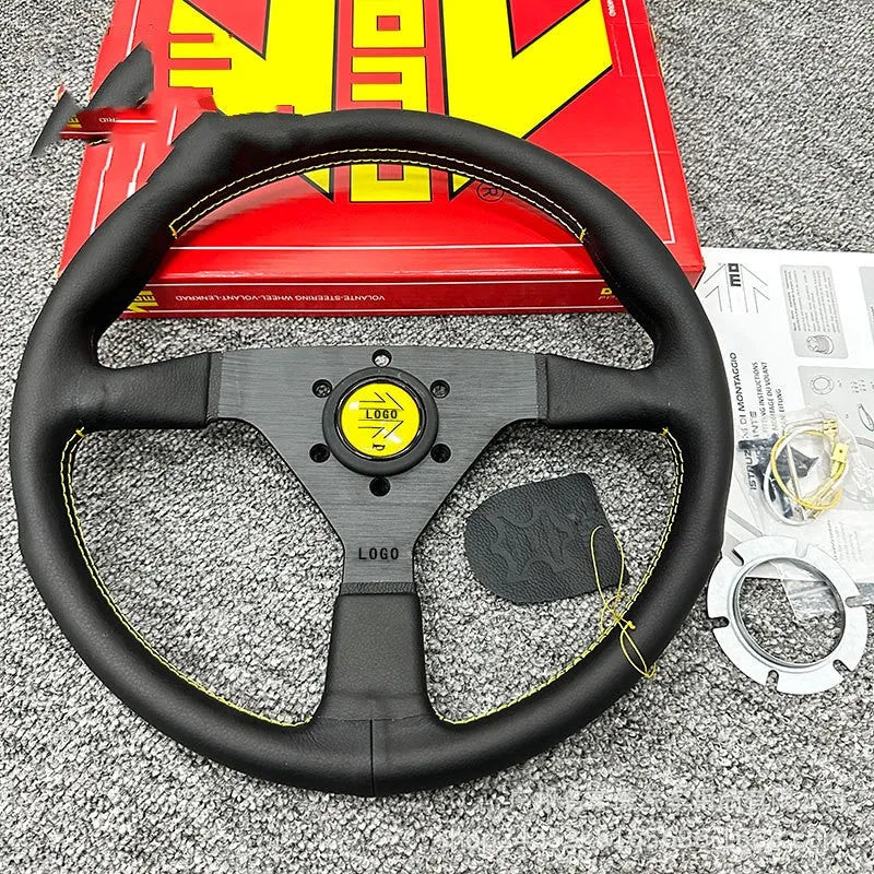 14-inch genuine leather racing steering wheel with contrast stitching for car modification