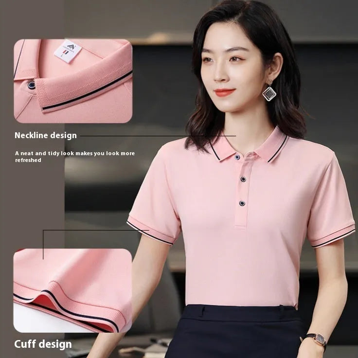 Beautician short-sleeved polo shirt in cool silk cotton with asymmetric colour detail