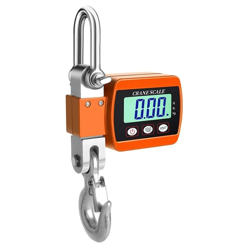 Blue digital hook scale displaying weight on electronic screen with 500kg max capacity