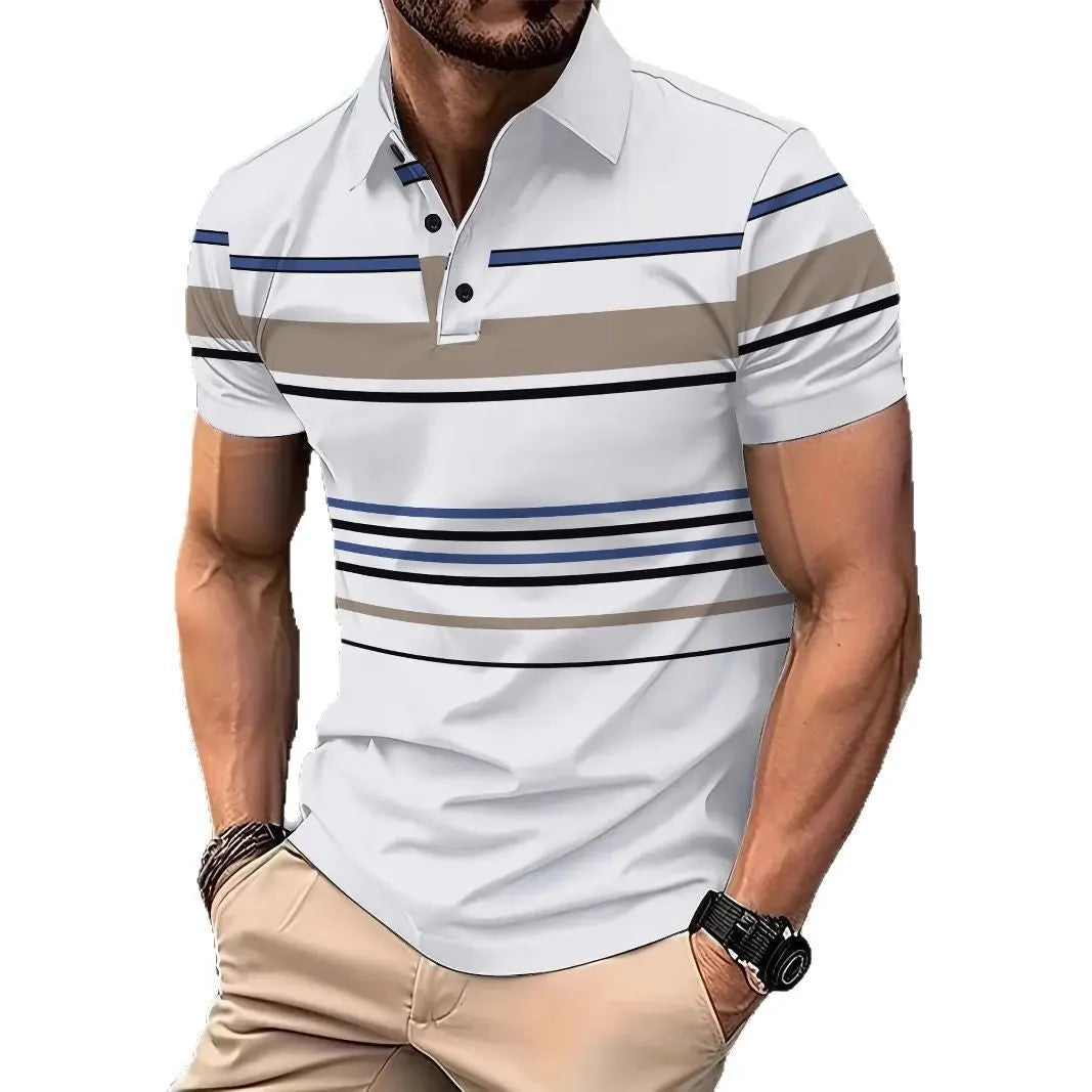 Men's white striped short sleeve slim fit T-shirt on hanger