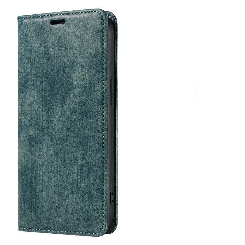 Magnetic flip phone case in genuine leather and TPU for iPhone models with front cover closed