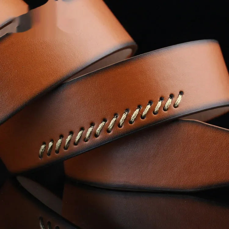 Men's black imitation leather casual belt with threading pattern and an alloy pin buckle.