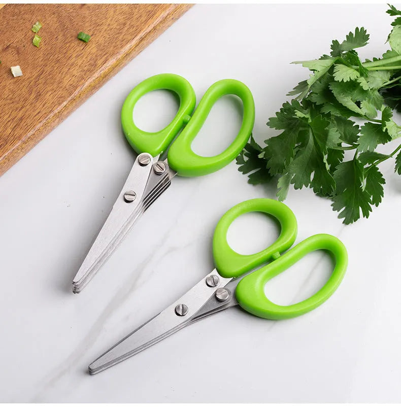 Stainless steel multi-layer onion scissors for cutting herbs and green onions.