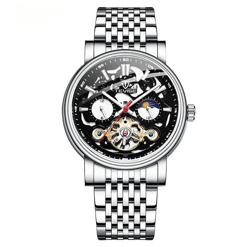 Men's black tourbillon mechanical watch with luminous hands on a leather strap.