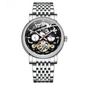 Men's black tourbillon mechanical watch with luminous hands on a leather strap.