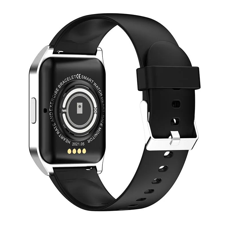 Smart watch with heart rate monitor on a silicone strap, showing a 1.69-inch display.