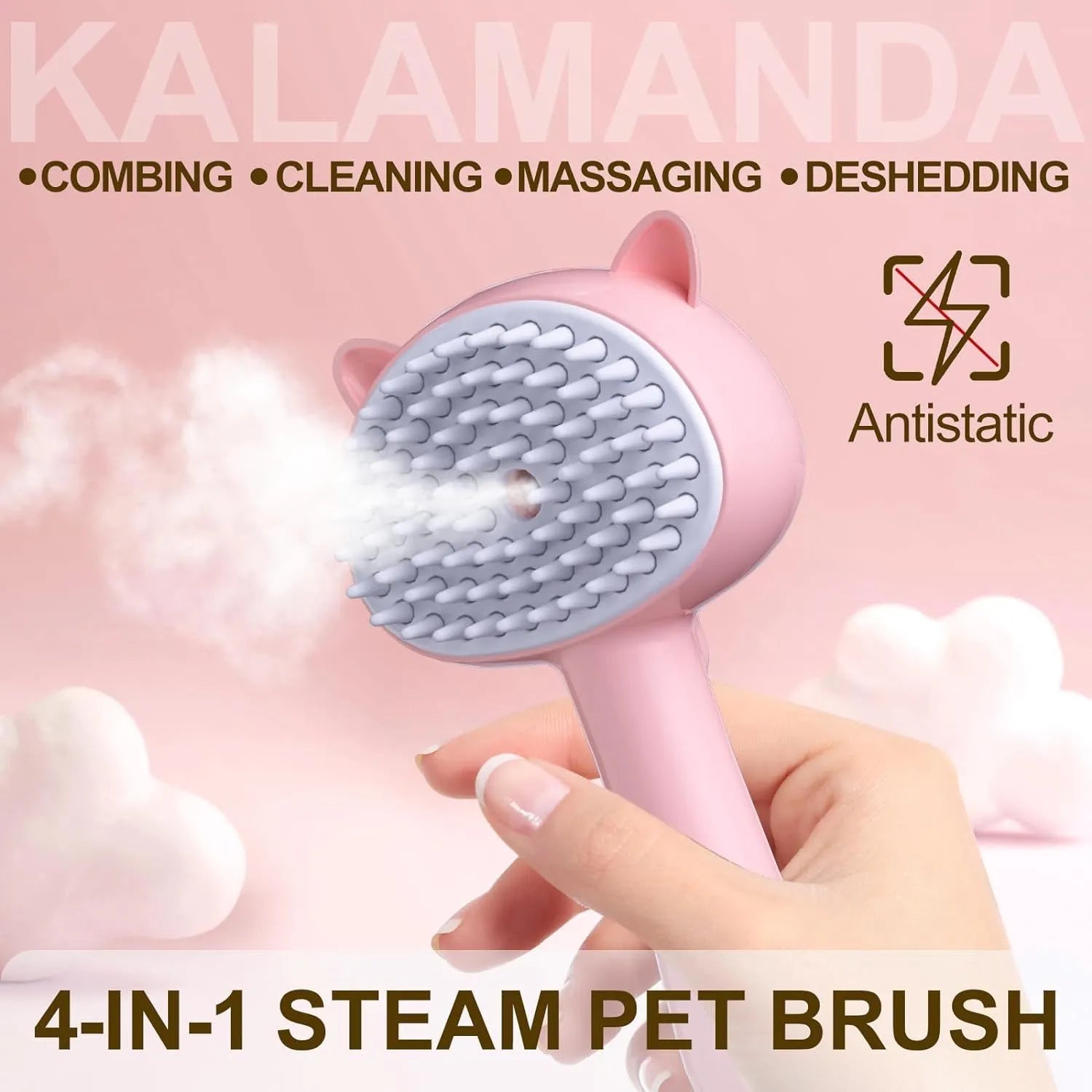 Blue cat-ear shaped pet grooming brush with rubber bristles and water reservoir