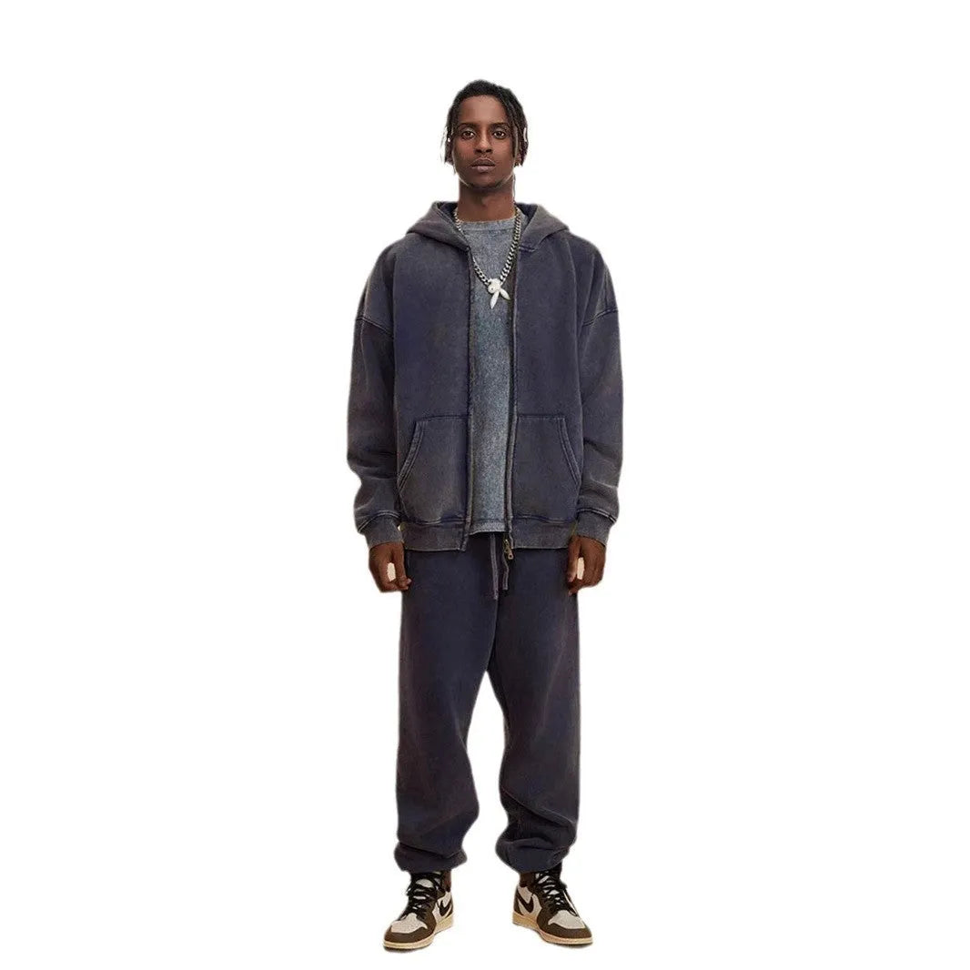 Men's vintage washed-colour hooded cardigan sweater with a double zipper and fleece lining.