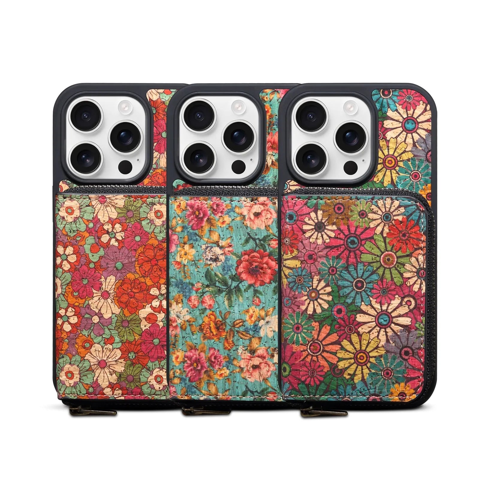 Cork phone case with magnetic suction and bracket for iPhone 17, red colour, three-dimensional floral design