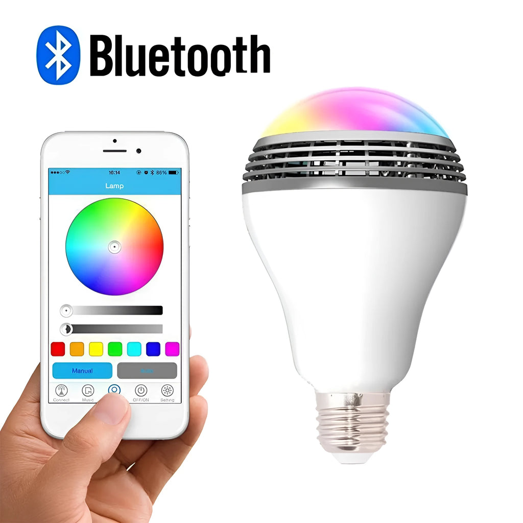 LED smart bulb with Bluetooth speaker showing RGB lighting and E27 fitting