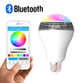 LED smart bulb with Bluetooth speaker showing RGB lighting and E27 fitting