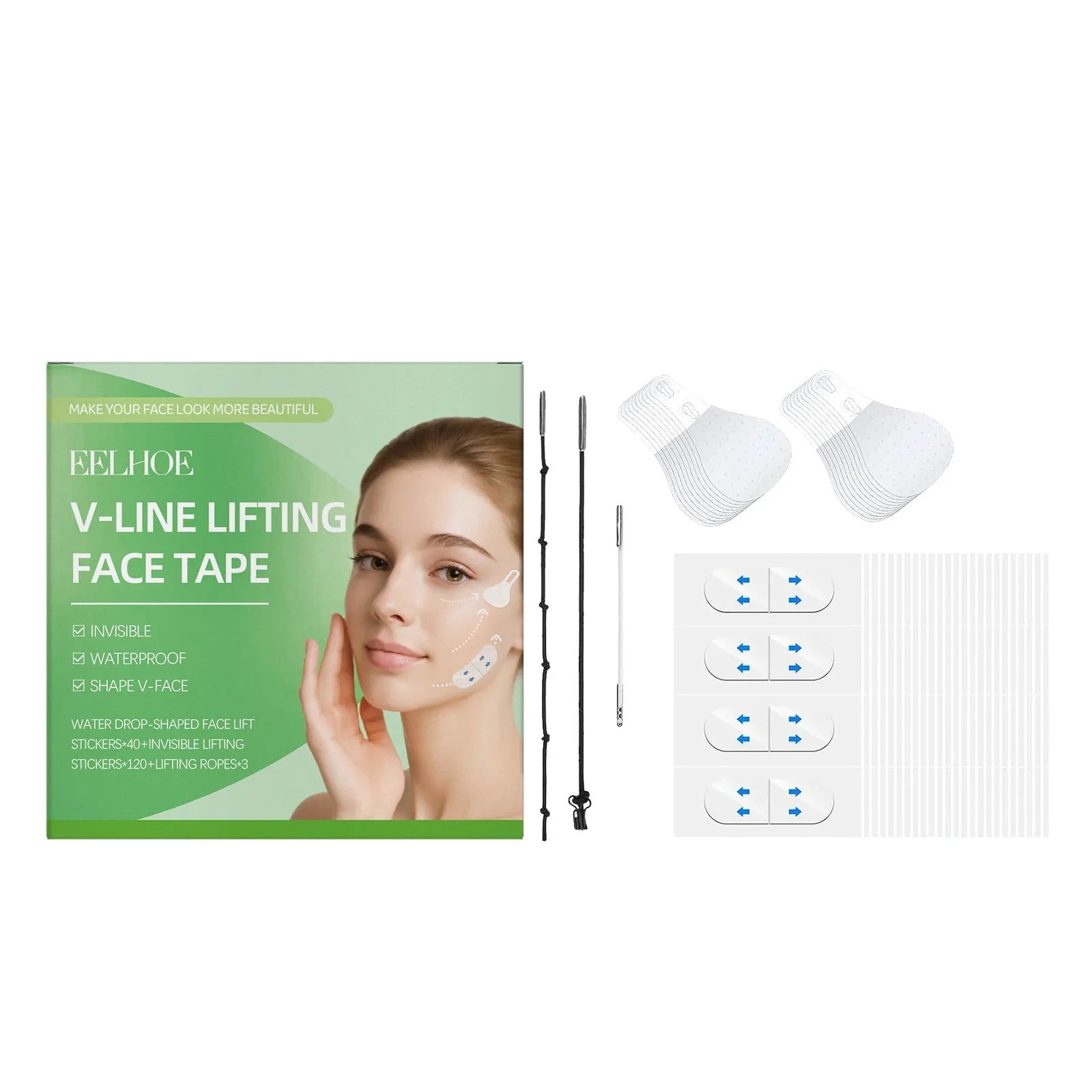Invisible face lift tape patch kit with droplet-shaped stickers and adjustable lifting ropes for facial contouring