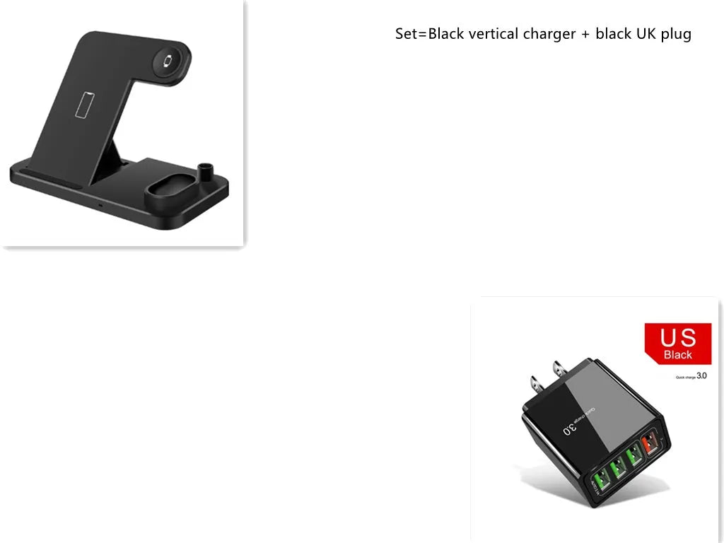 4-in-1 wireless charging station with phone, Apple Watch, and AirPods on adjustable magnetic stand
