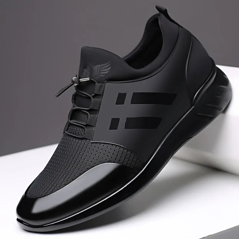 Men's black casual height increasing shoes with round toe and chunky heel in leather, mesh, or Lycra options.