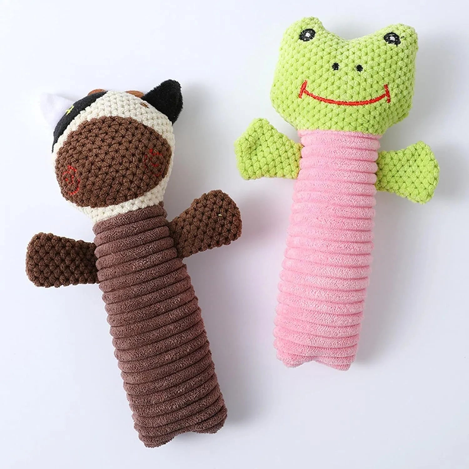 Soft cloth and polyester fibre squeaky stuffed dog chew toy, shown in calf, frog, or puppy shape, measuring 19cm long.