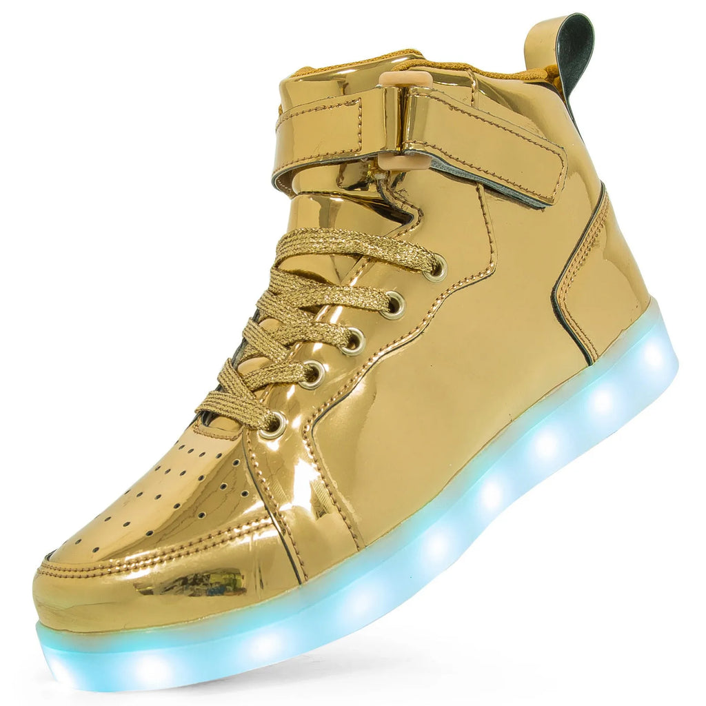 LED light-up high-top board shoes with velcro fastening in black, white, gold, silver, and pink colours