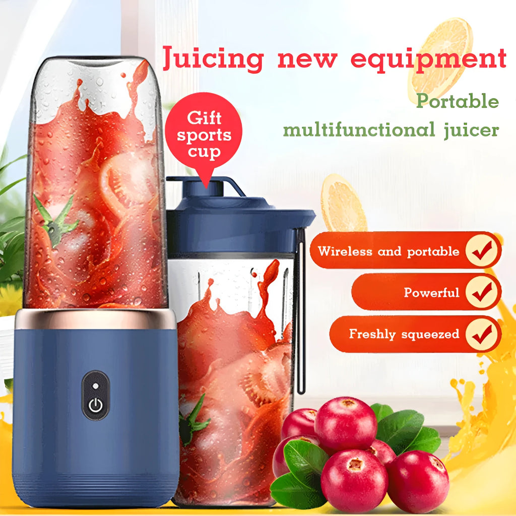 Portable dark blue blender and juicer with six blades, USB charging cable, and 400ml plastic cup.