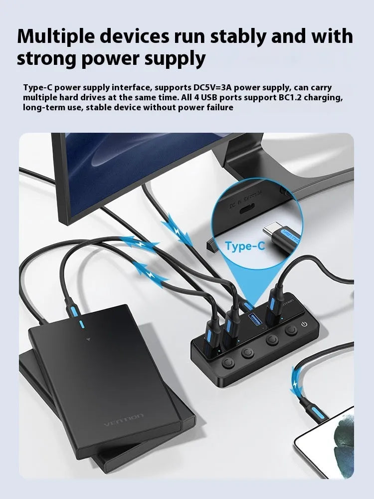 Vention USB 3.0 4-port hub docking station with 1m black cable