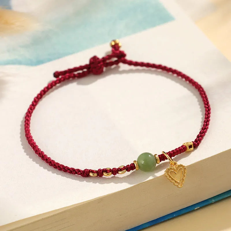 925 silver and Hetian jade handmade woven bracelet with red carrying strap