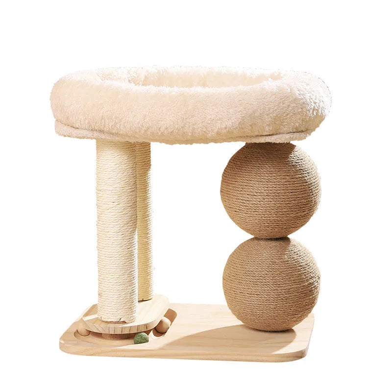 Pine wood cat scratching ball nest unit in a simple style with integrated resting area.