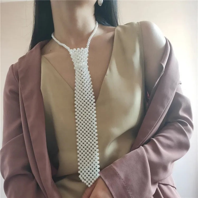 Handmade pearl tie body chain with hollow-out retro design and imitation pearl elements