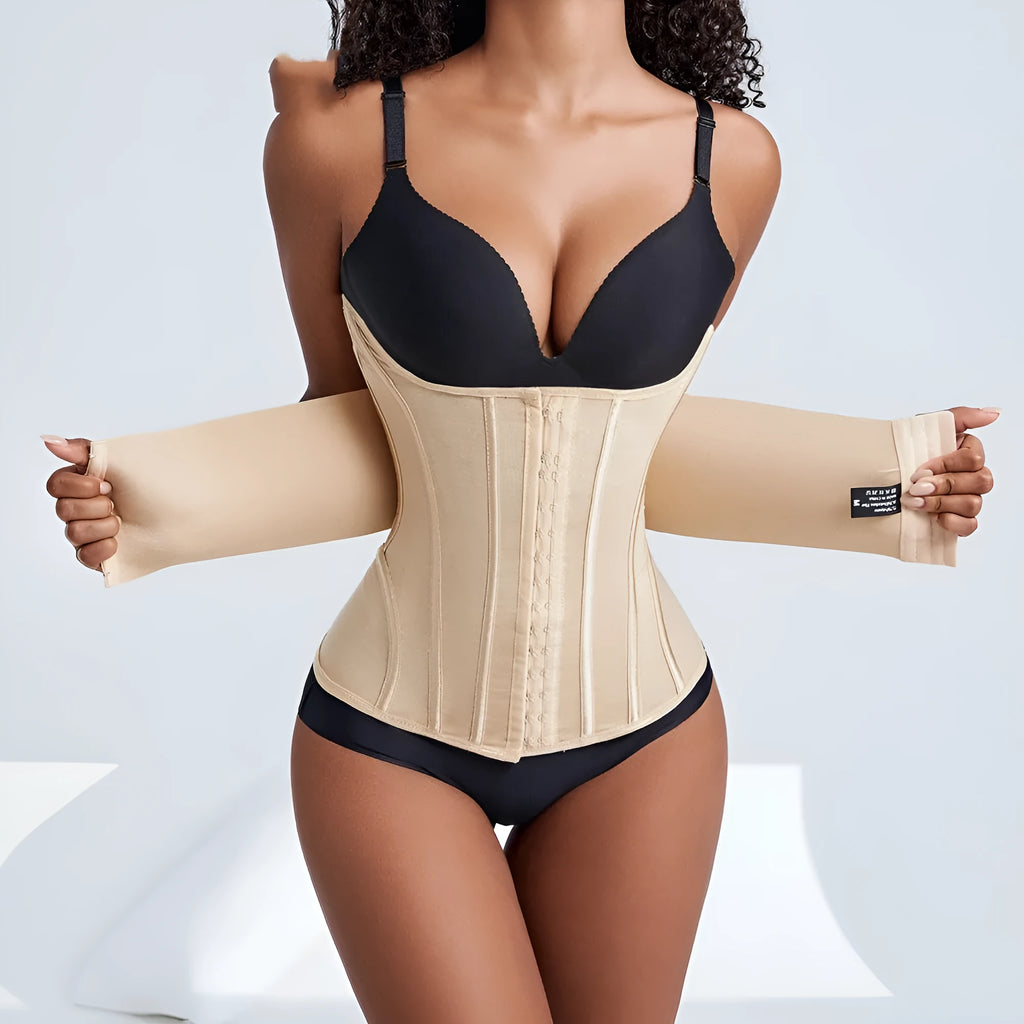 Black nylon belly band with adjustable tie shown flat, sizes XXXS to 3XL available.