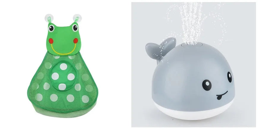 White and blue electric whale bath toy spraying water with flashing lights on a bathroom surface.