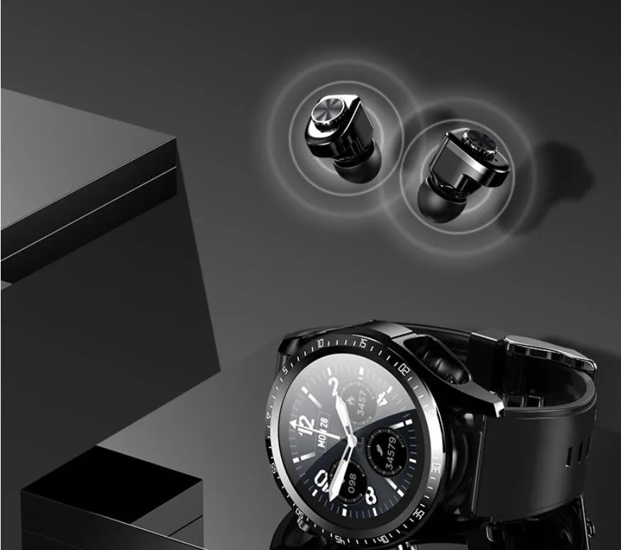 Black smart watch with silicone strap showing blood pressure and oxygen monitoring on its 1.28-inch screen.