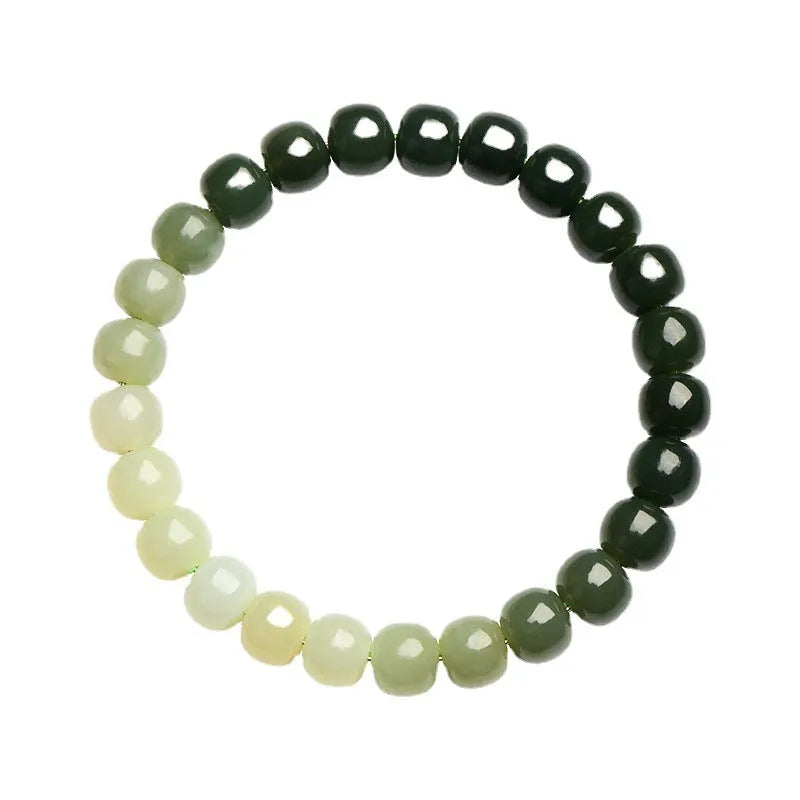Natural Hetian jade bracelet with water gradient colour on polished beads, unisex casual style.