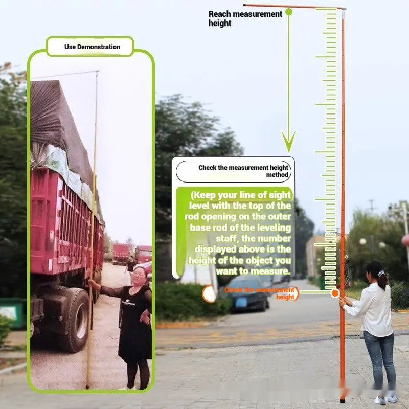 Telescopic truck height measuring rod extended vertically with clear measurement scale markings visible