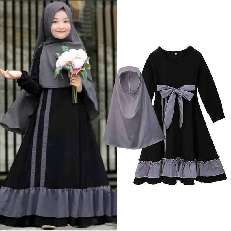 Girls' long sleeve cotton solid colour dress two-piece set with headscarf in black or red for spring autumn