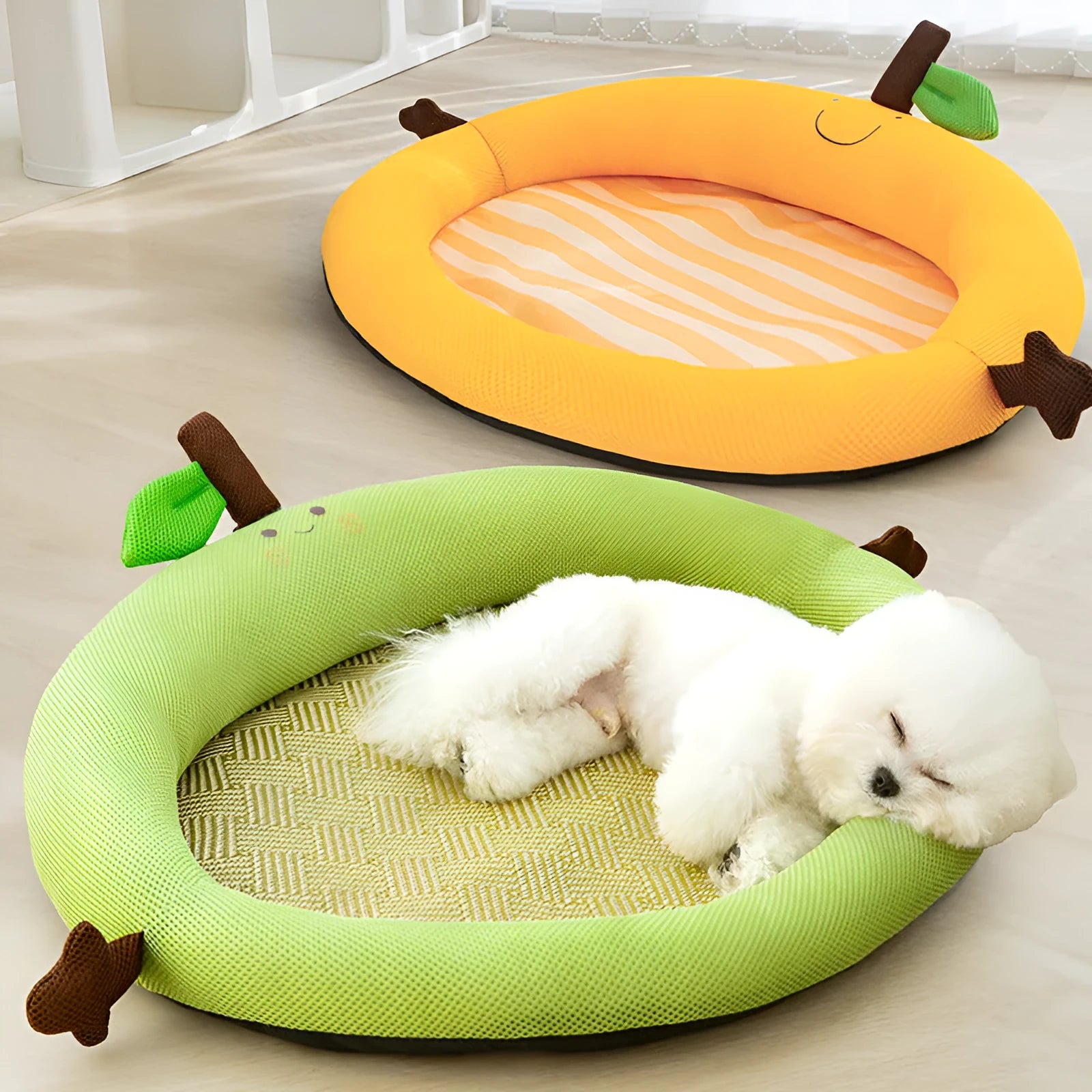 Green fruit-shaped pet nest mat with raised edges and backrest for dogs and cats