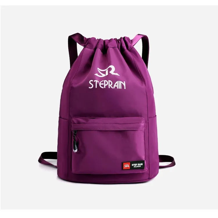 Solid colour drawstring backpack in Oxford cloth with water pillow belt system showing large and small size options