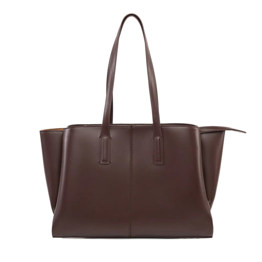 PU leather large-capacity horizontal rectangle bag in urban minimalist style with stitched seams and double shoulder straps